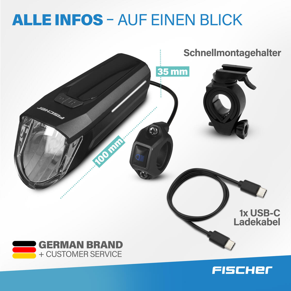 FISCHER LED-Akku Frontlicht 100 Lux mit Fernlichtfunktion 80 Lux 7/8