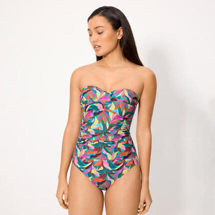 Maillot de bain bandeau amincissant à compression forte, motif feuilles, bonnet