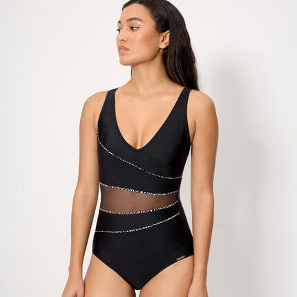 Maillot de bain gainant noir en tulle transparent et paillettes noires, bonnet B
