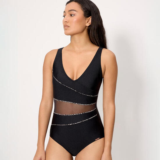 Maillot de bain gainant noir en tulle transparent et paillettes noires, bonnet B