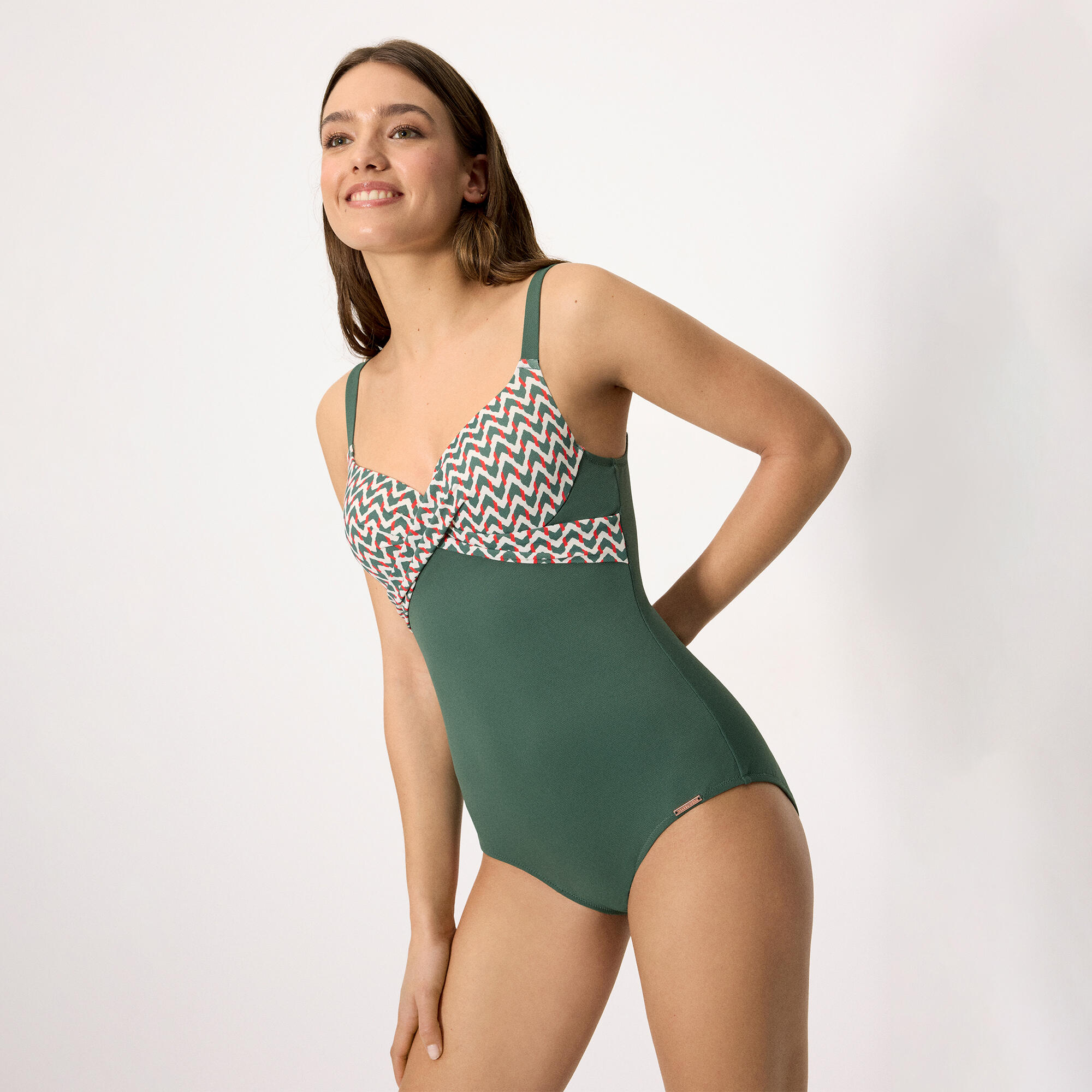Bañador moldeador con aro micropiqué estampado verde botella copa B 3/5