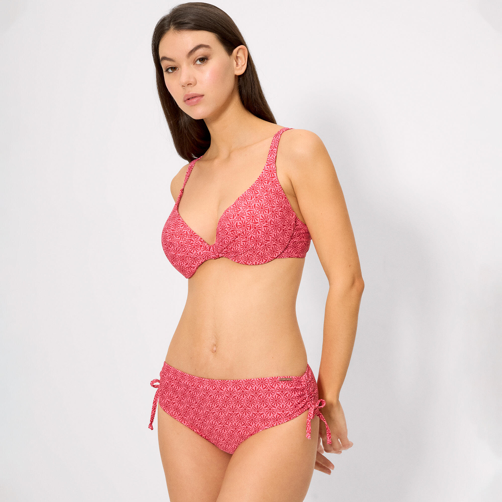 Culotte de bikini gainante mi-longue à fleurs roses et rouges 3/4