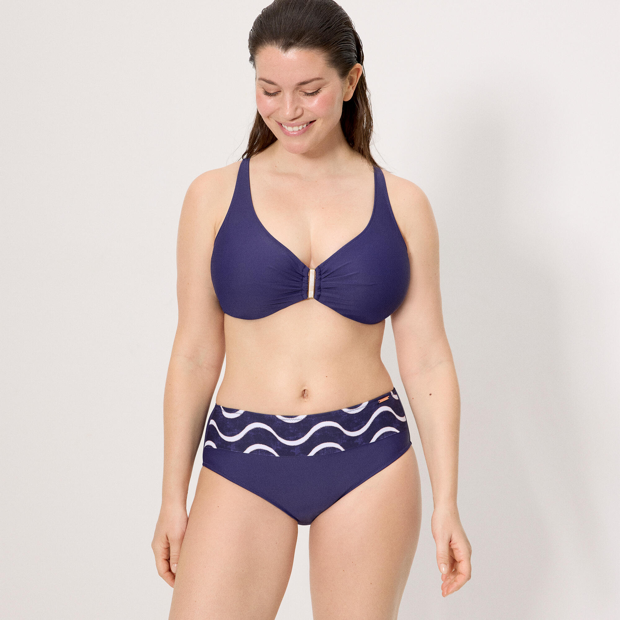 Bas de bikini taille haute à imprimé vagues marines 1/5