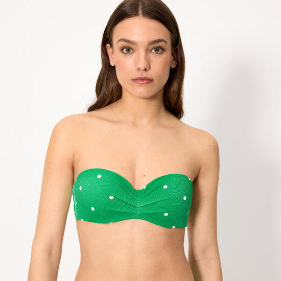 Top bikini bandeau piqué lunares verde copas B y C