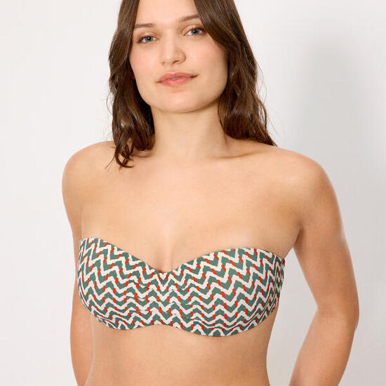 Top bikini bandeau micropiqué estampado verde botella copas C y D
