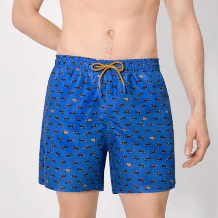 Maillot de bain long à imprimé teckel bleu