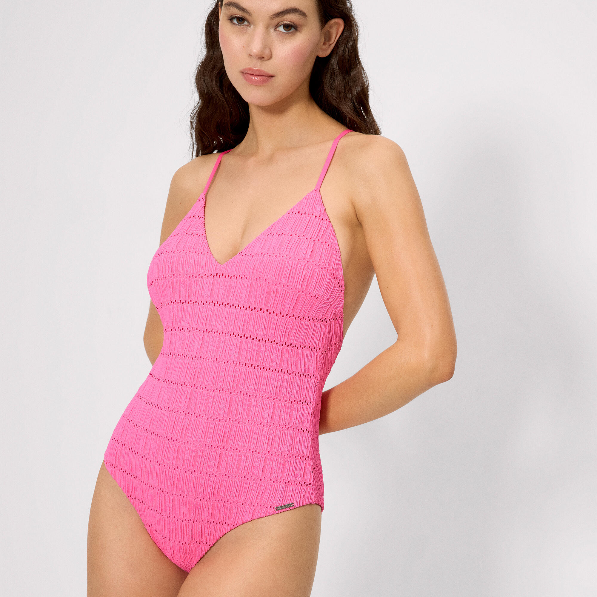 Maillot de bain triangle rose texturé, bonnet B 3/5