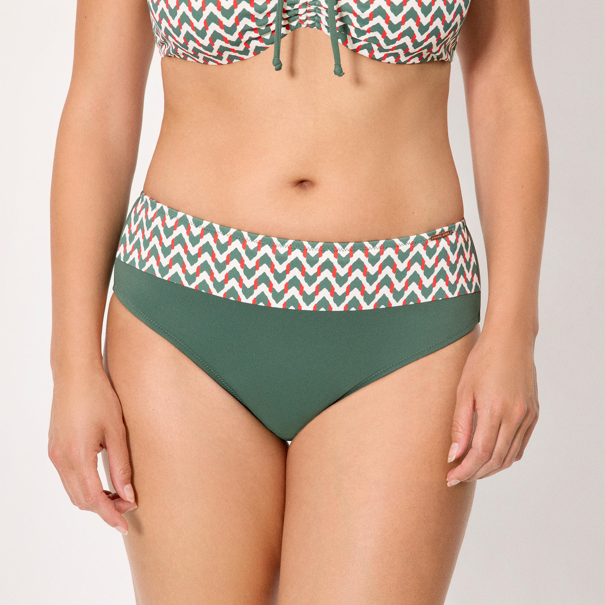 Culotte de bikini taille haute à imprimé micropiqué vert bouteille. 1/4