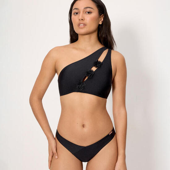 Conjunto de bikini top asimétrico y braga brasileña con brillo negro copa B