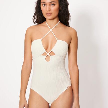 Haut de bikini triangle push-up turquoise texturé, bonnet B