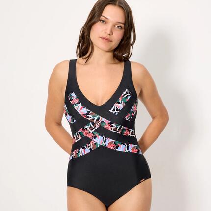 Bañador reductor negro líneas estampado tropical copa C