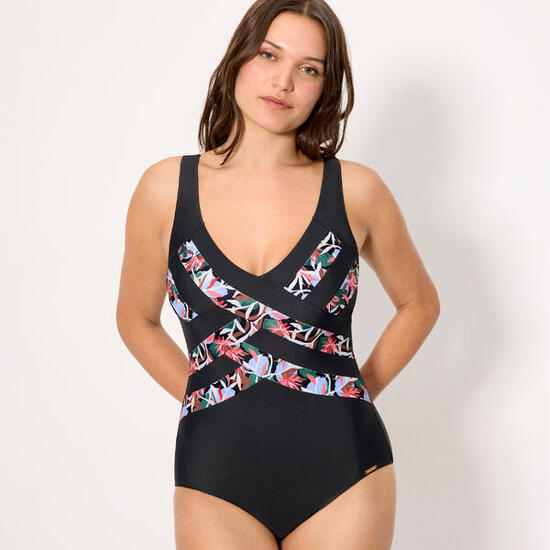 Bañador reductor negro líneas estampado tropical copa C