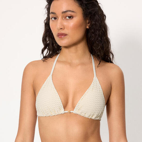 Top bikini triángulo tejido calado marfil copa B