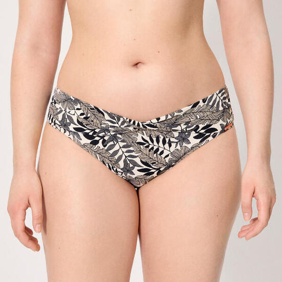 Culotte de bikini midi en micropiqué noir à motif de feuilles