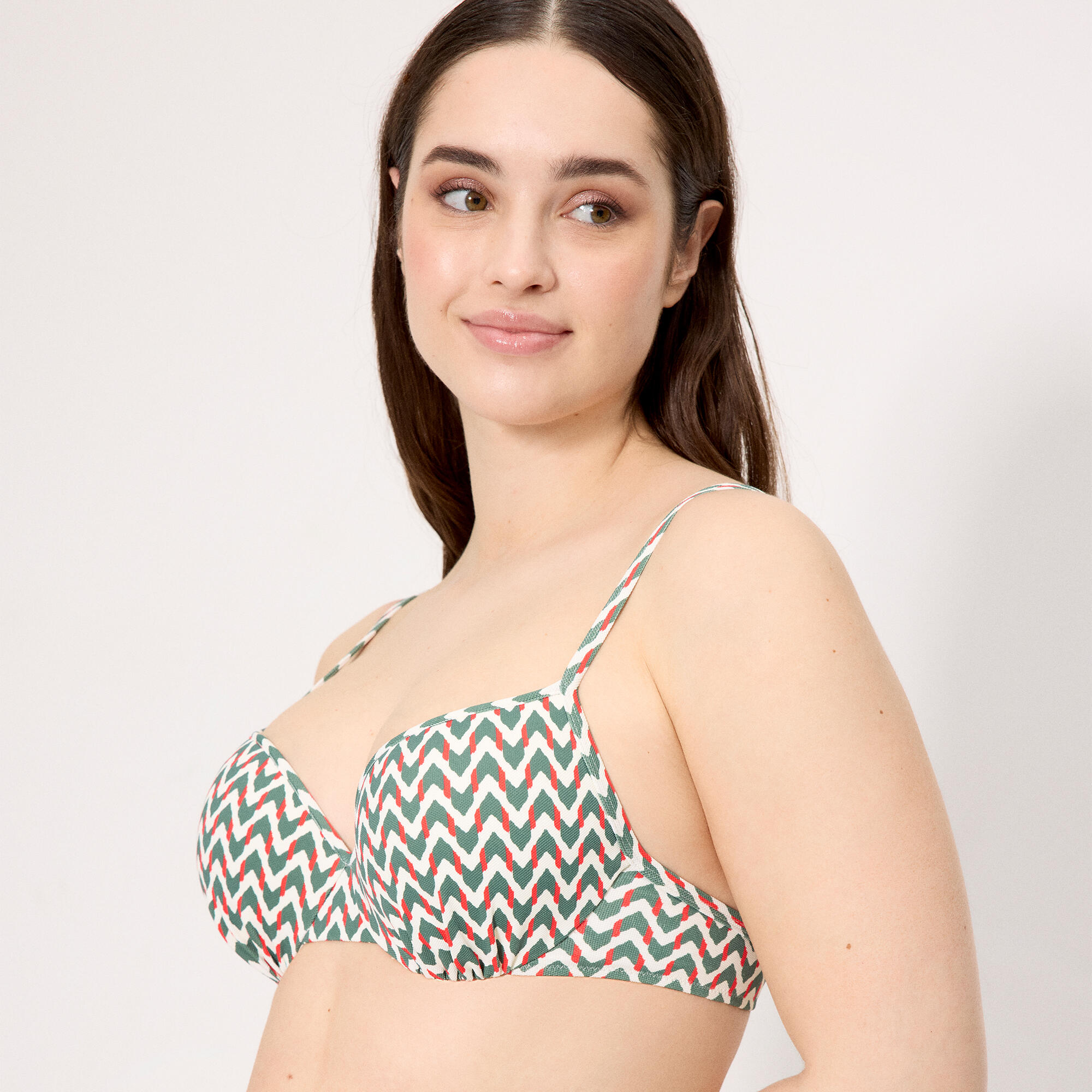 Haut de bikini vert bouteille imprimé en micropiqué, bonnet C 3/4