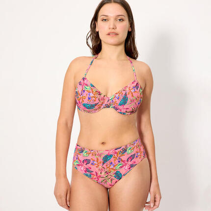 Conjunto de bikini reductor con braga alta piqué estampado tropical copa D