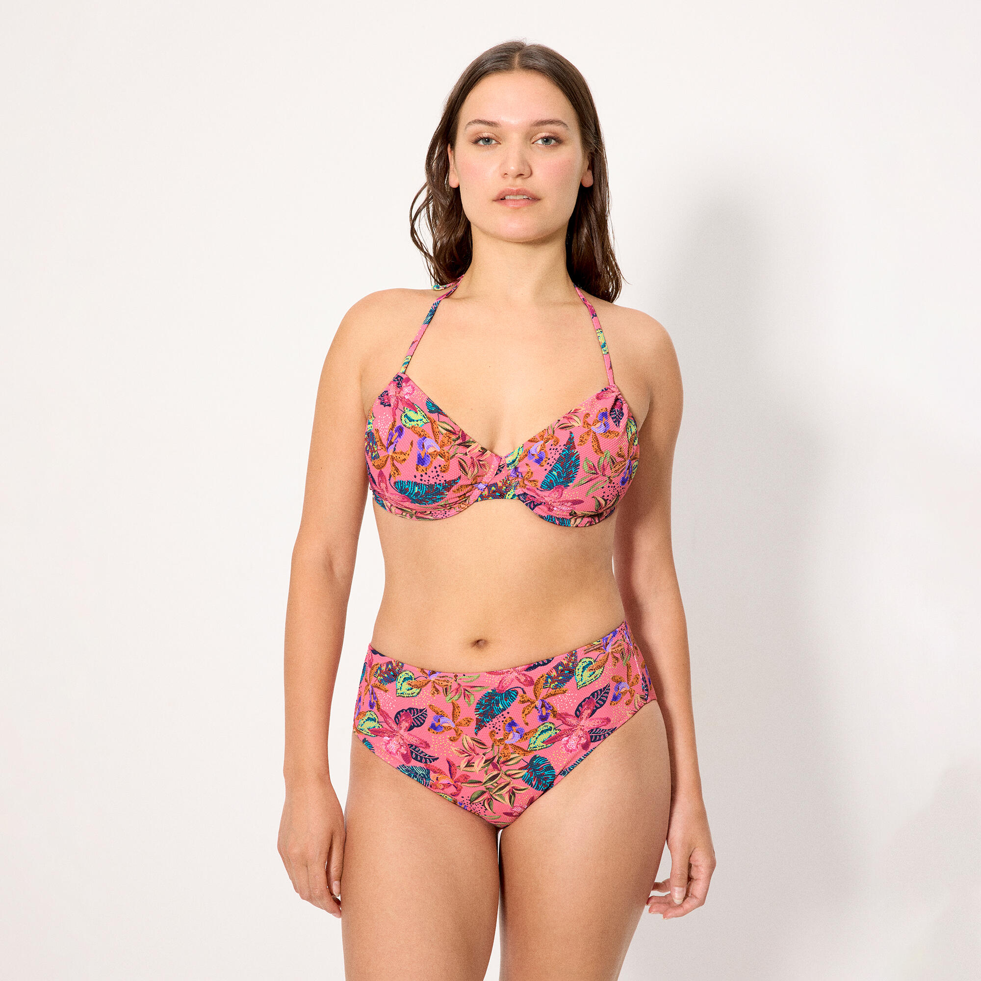 Ensemble bikini minimiseur avec culotte taille haute en piqué imprimé tropical, 3/5