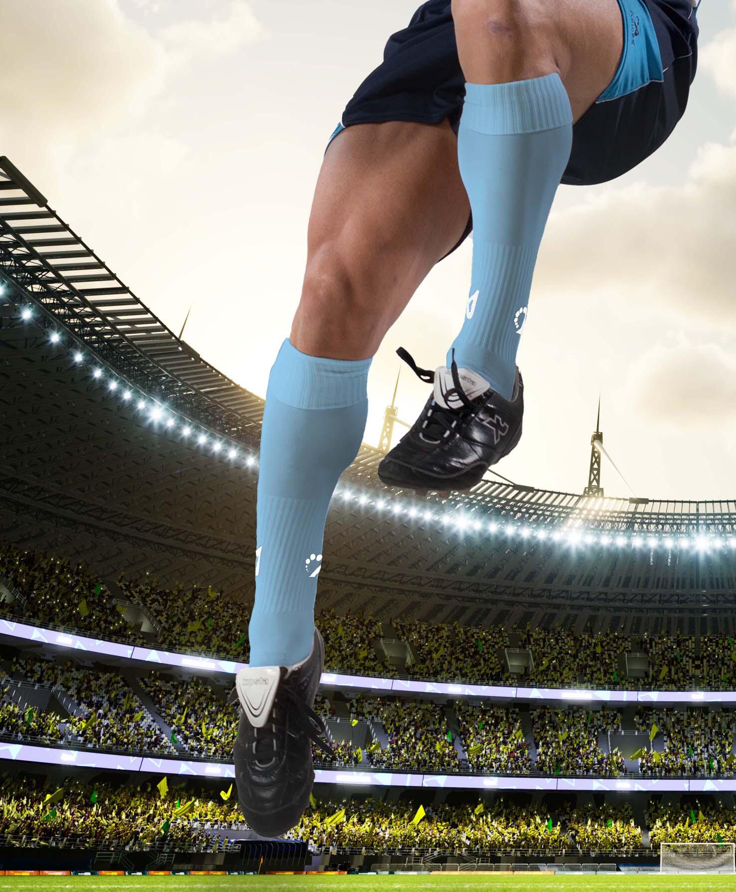 Embalagem de 2 pares de meias de futebol Asioka Soccer azul-claro anti-borboto. 3/6
