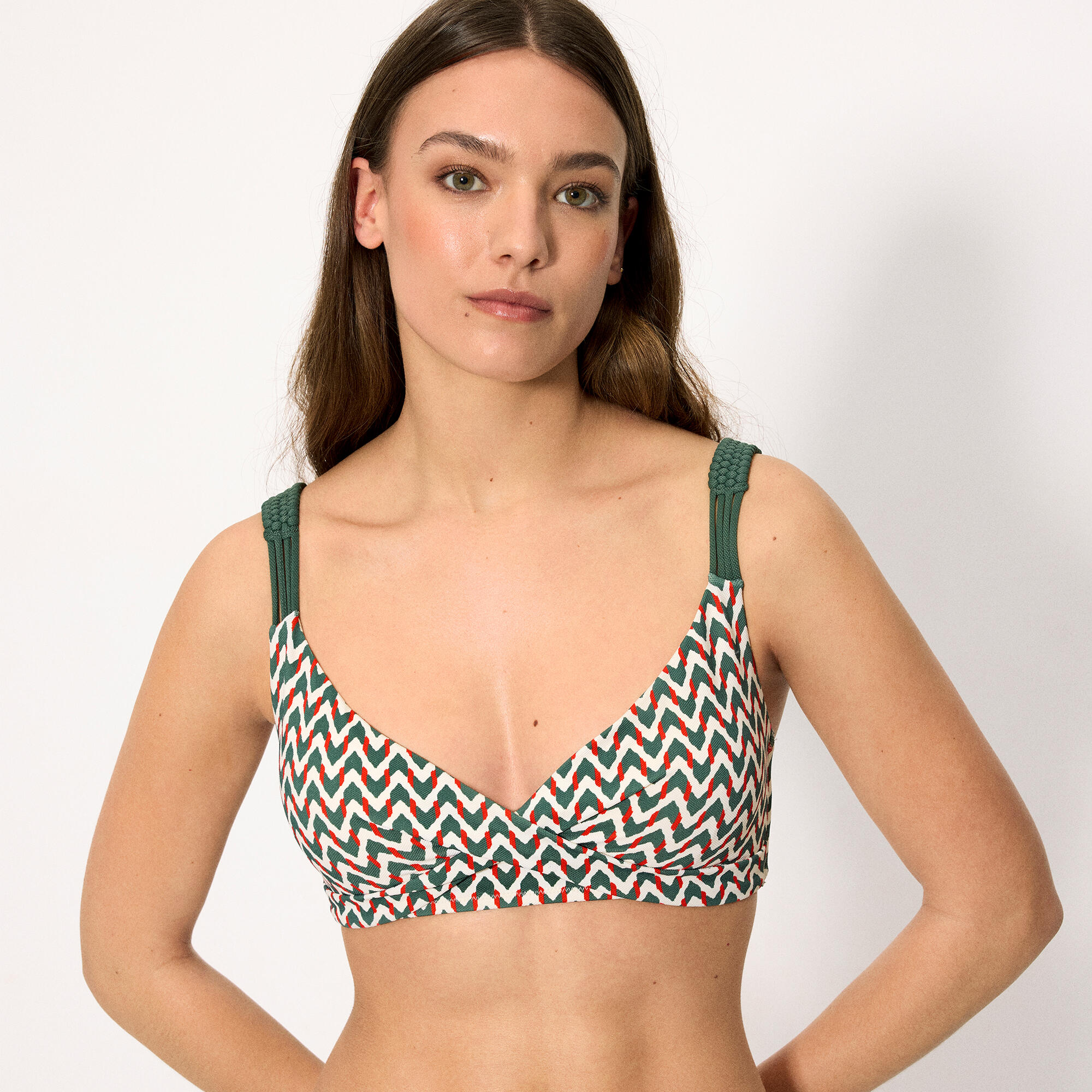 Haut de bikini triangle en micropiqué imprimé vert bouteille, bonnet B 1/5