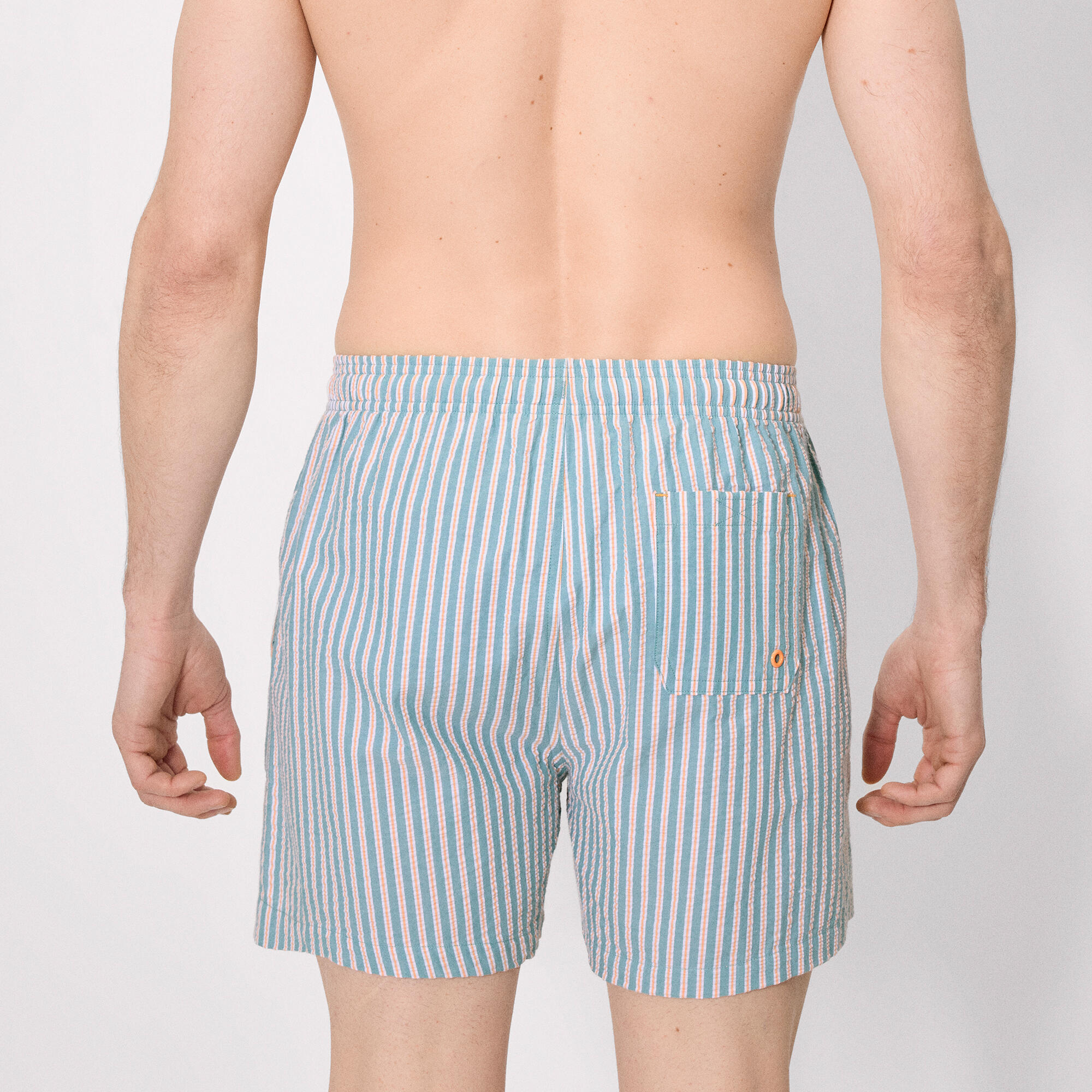 Bañador medio estampado contrastado rayas azules y naranjas 2/4