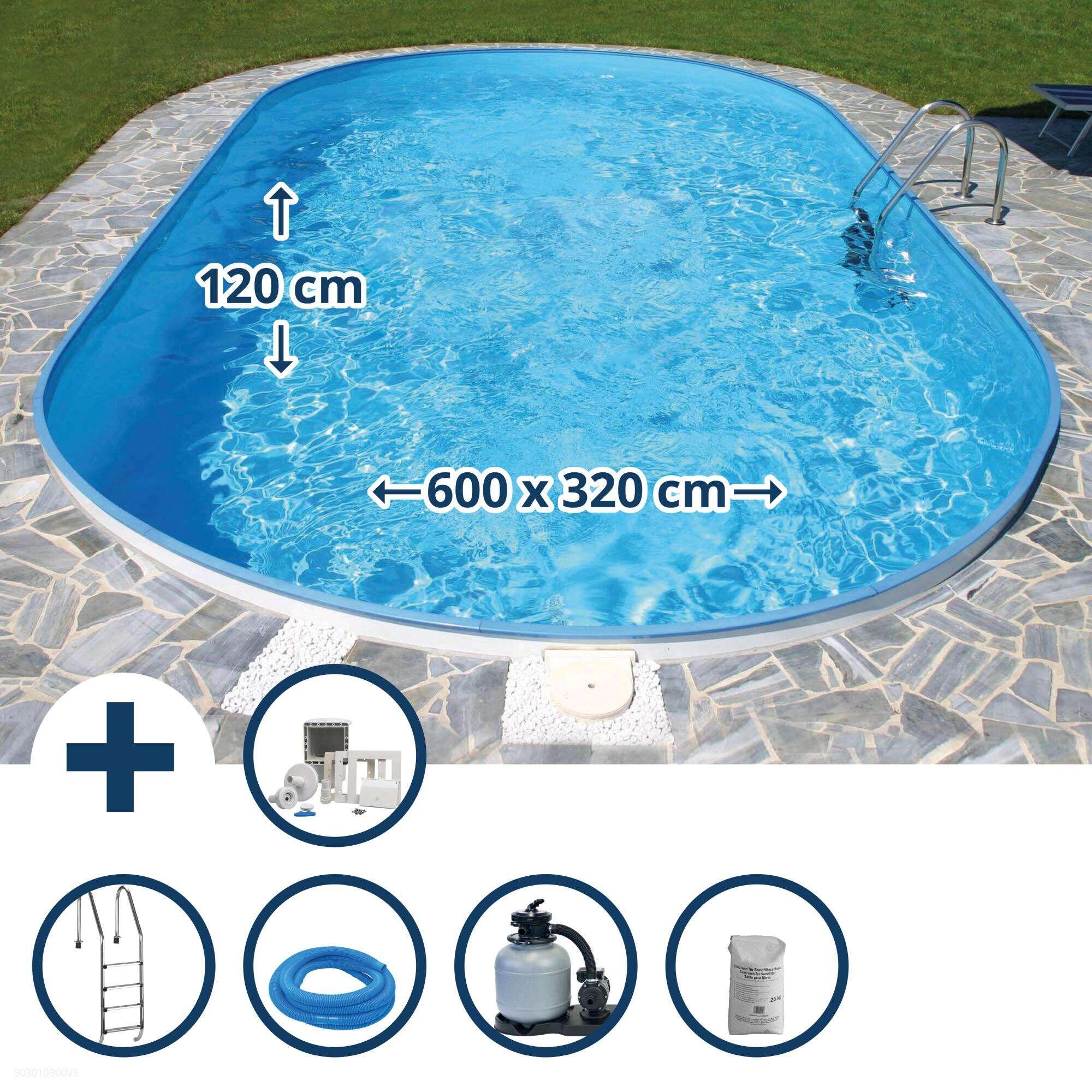 Stahlwandpool ovalform 600x320x120cm, Stahl 0,6mm weiß, Folie 0,6mm
blau 1/7