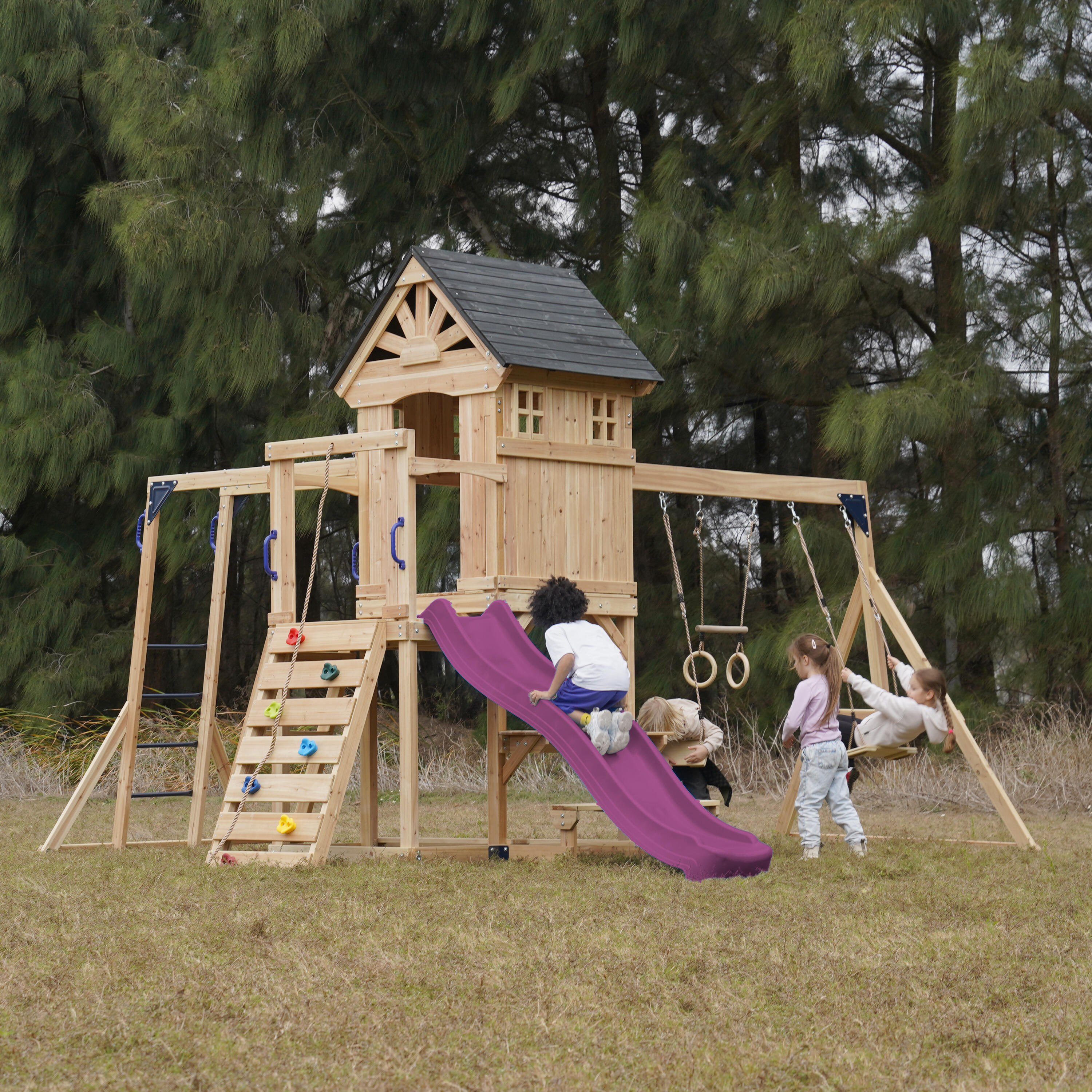 Spielplatz, AXI Duncan, 2 Schaukeln, 1 Rutsche, Holz, Lila 3/7