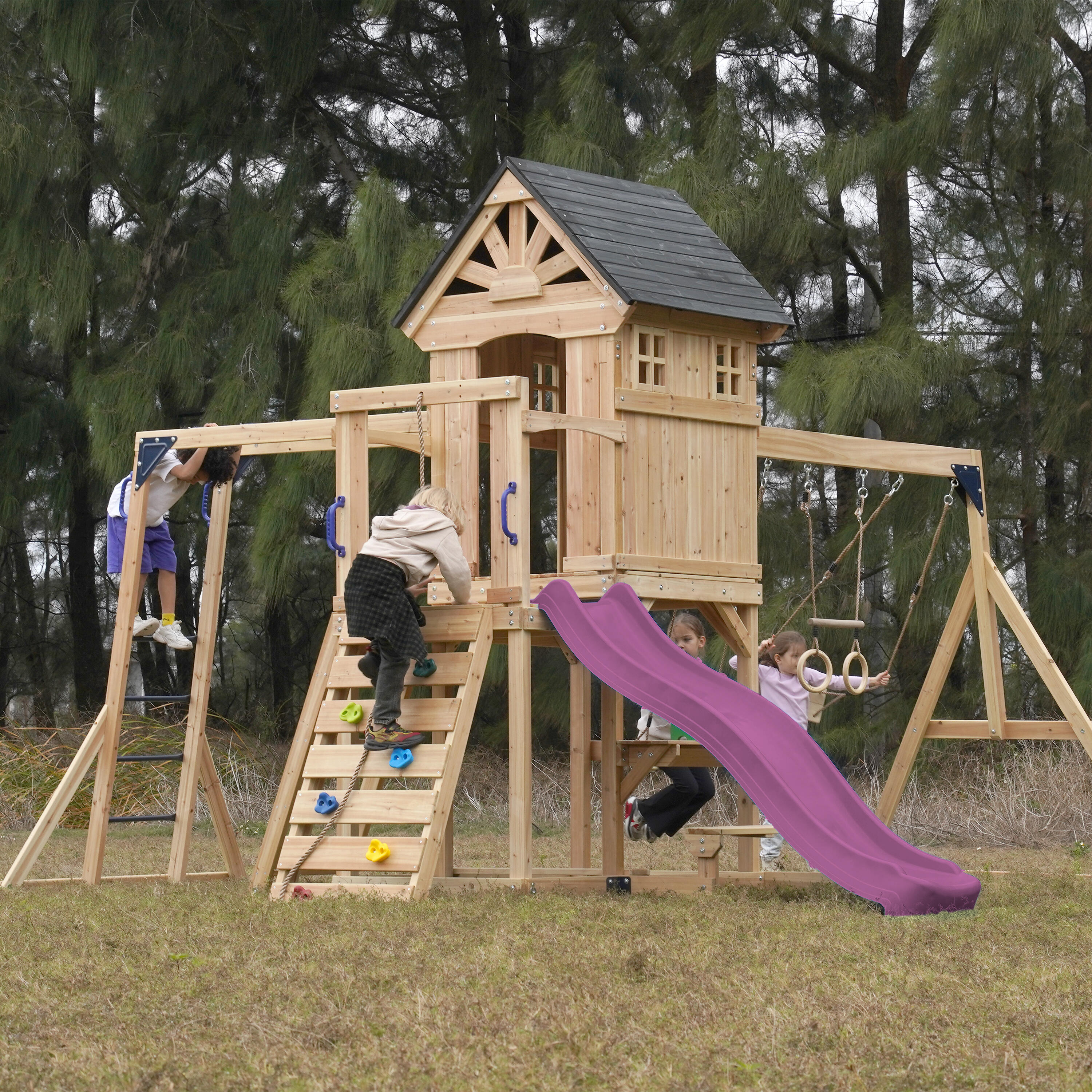 Spielplatz, AXI Duncan, 2 Schaukeln, 1 Rutsche, Holz, Lila 5/7