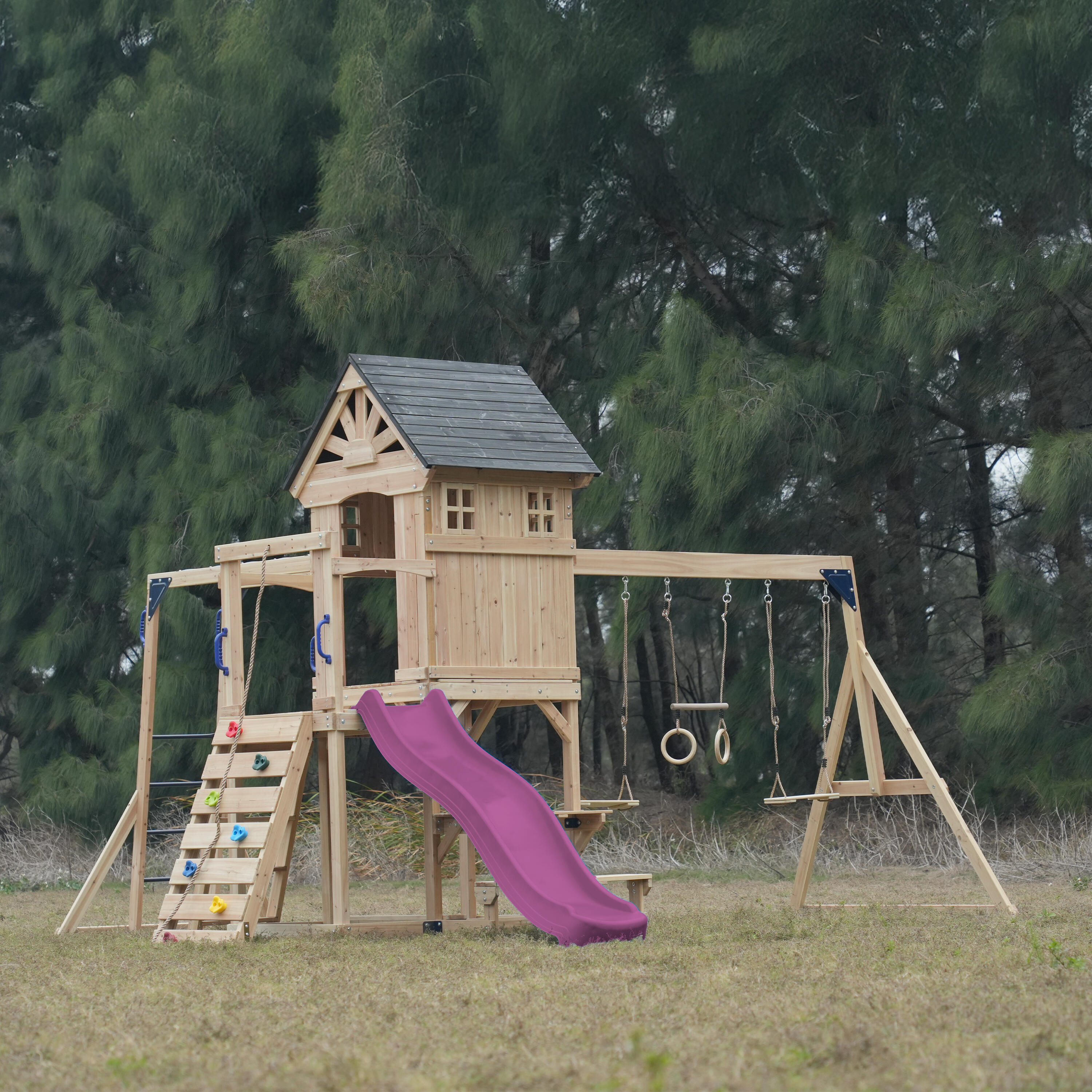 Spielplatz, AXI Duncan, 2 Schaukeln, 1 Rutsche, Holz, Lila 4/7
