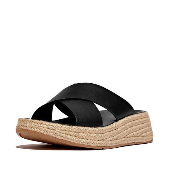FITFLOP FitFlop F-Mode Espadrille Leather Flatform Cross Slides ZWART 39