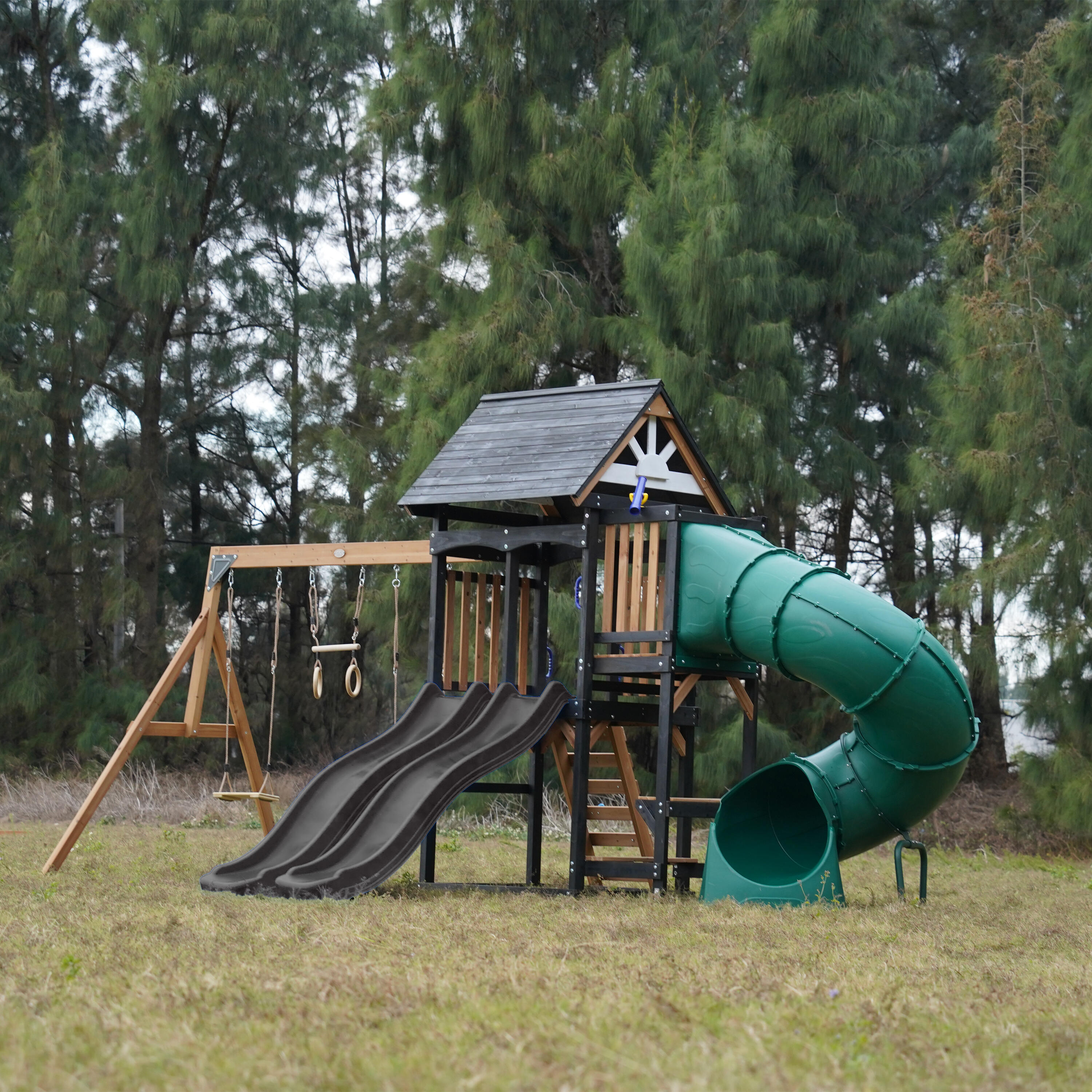 Spielturm - AXI Cody - 2 Schaukeln, Toboggan Röhrenrutsche - Grau 3/7