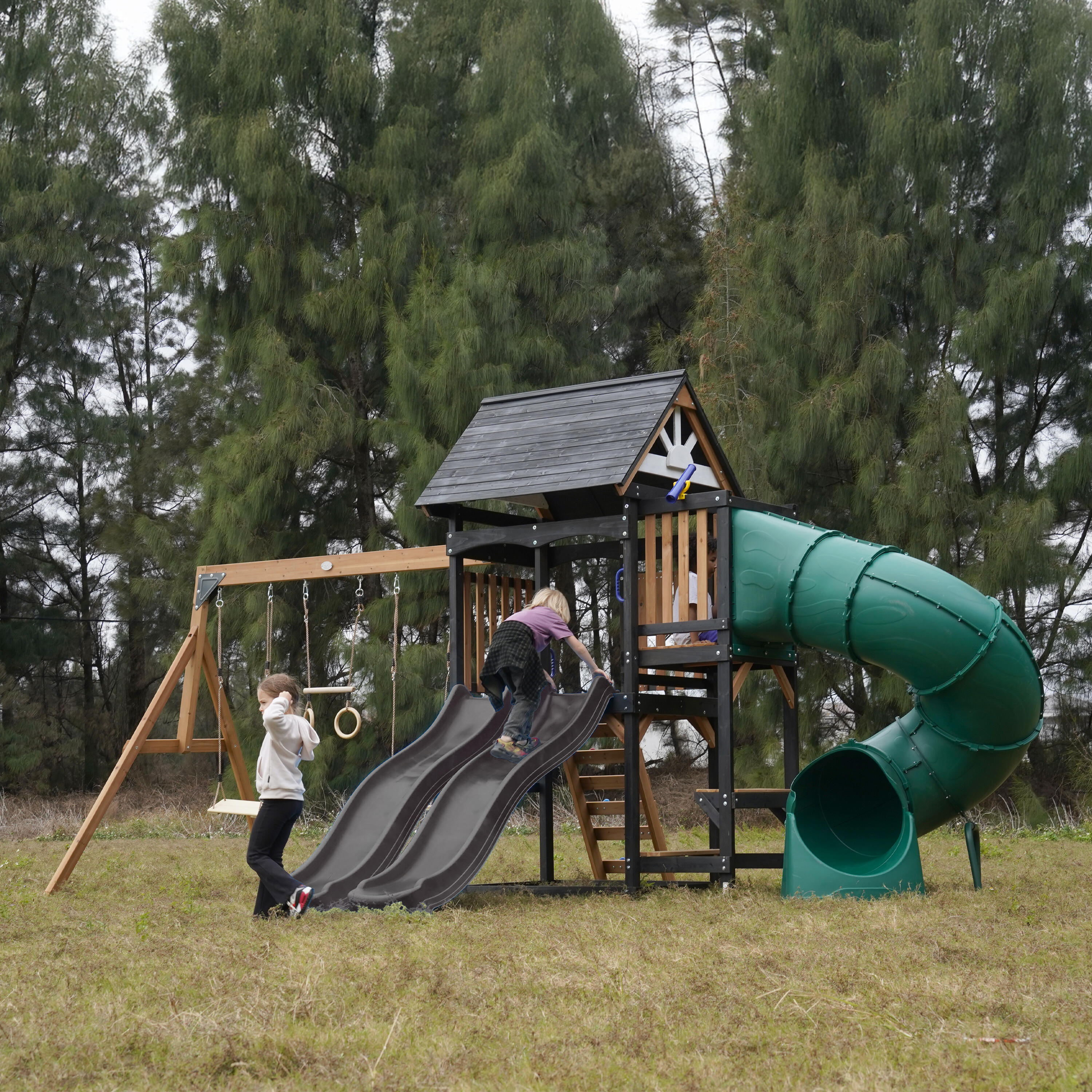 Spielturm - AXI Cody - 2 Schaukeln, Toboggan Röhrenrutsche - Grau 2/7