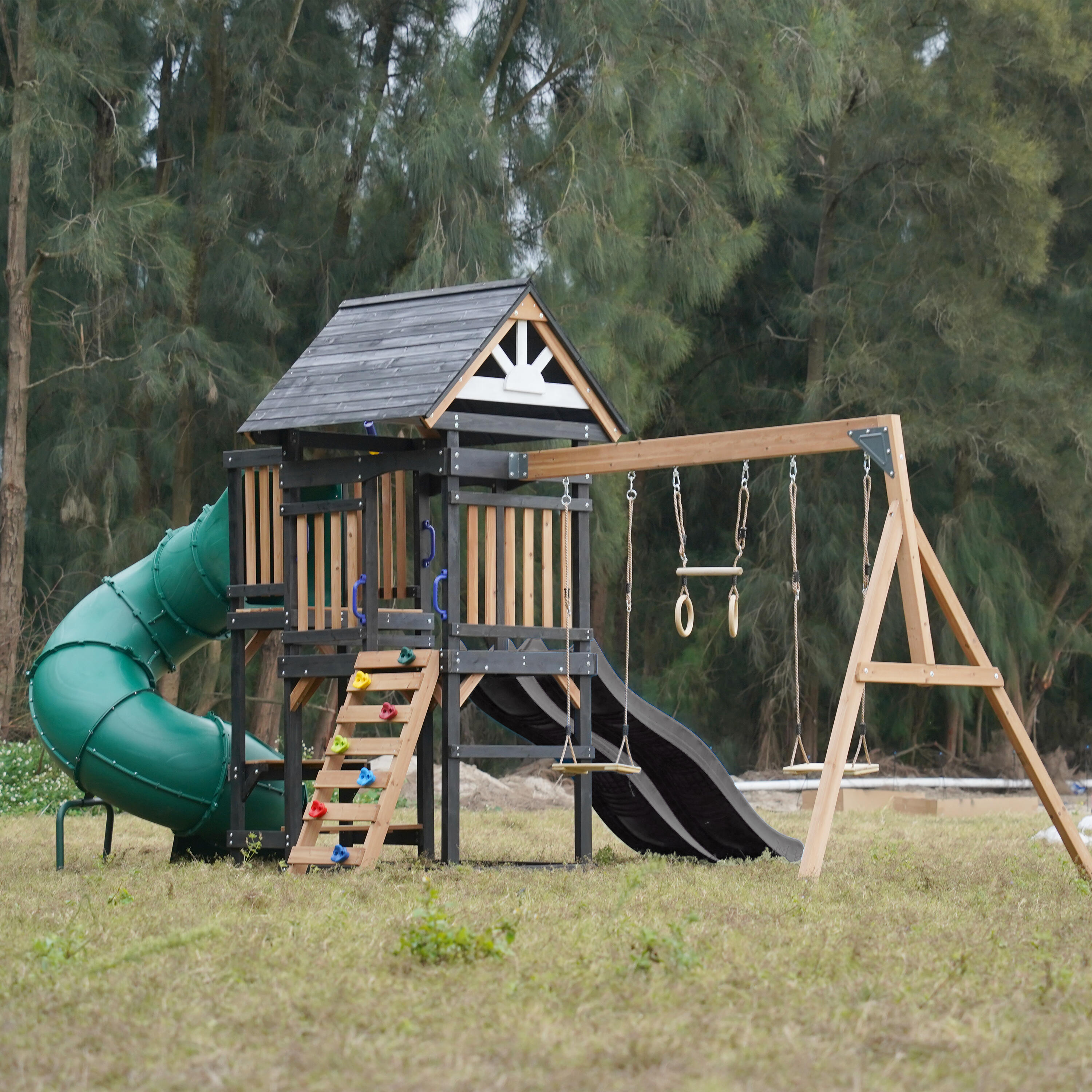 Spielturm - AXI Cody - 2 Schaukeln, Toboggan Röhrenrutsche - Grau 5/7
