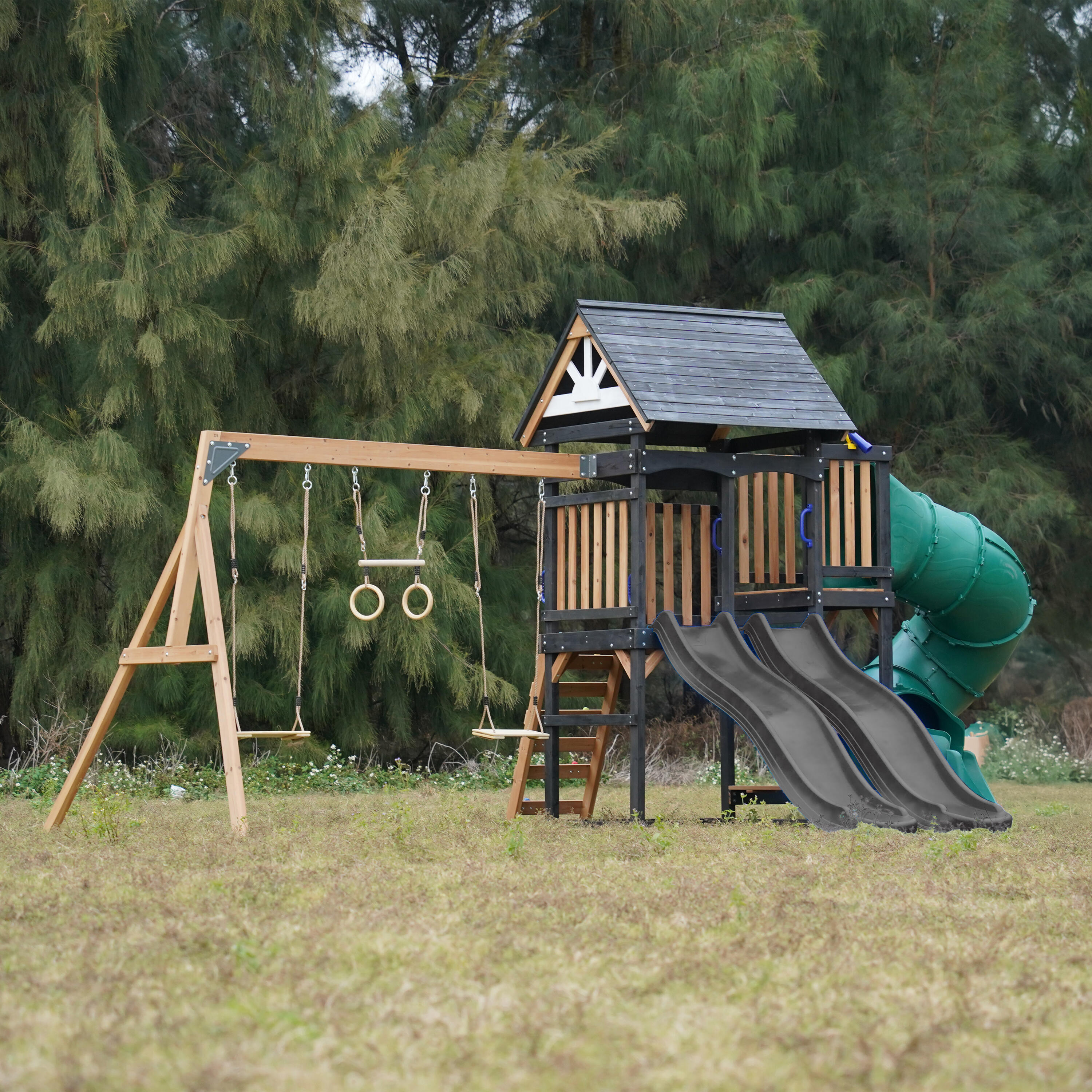 Spielturm - AXI Cody - 2 Schaukeln, Toboggan Röhrenrutsche - Grau 4/7