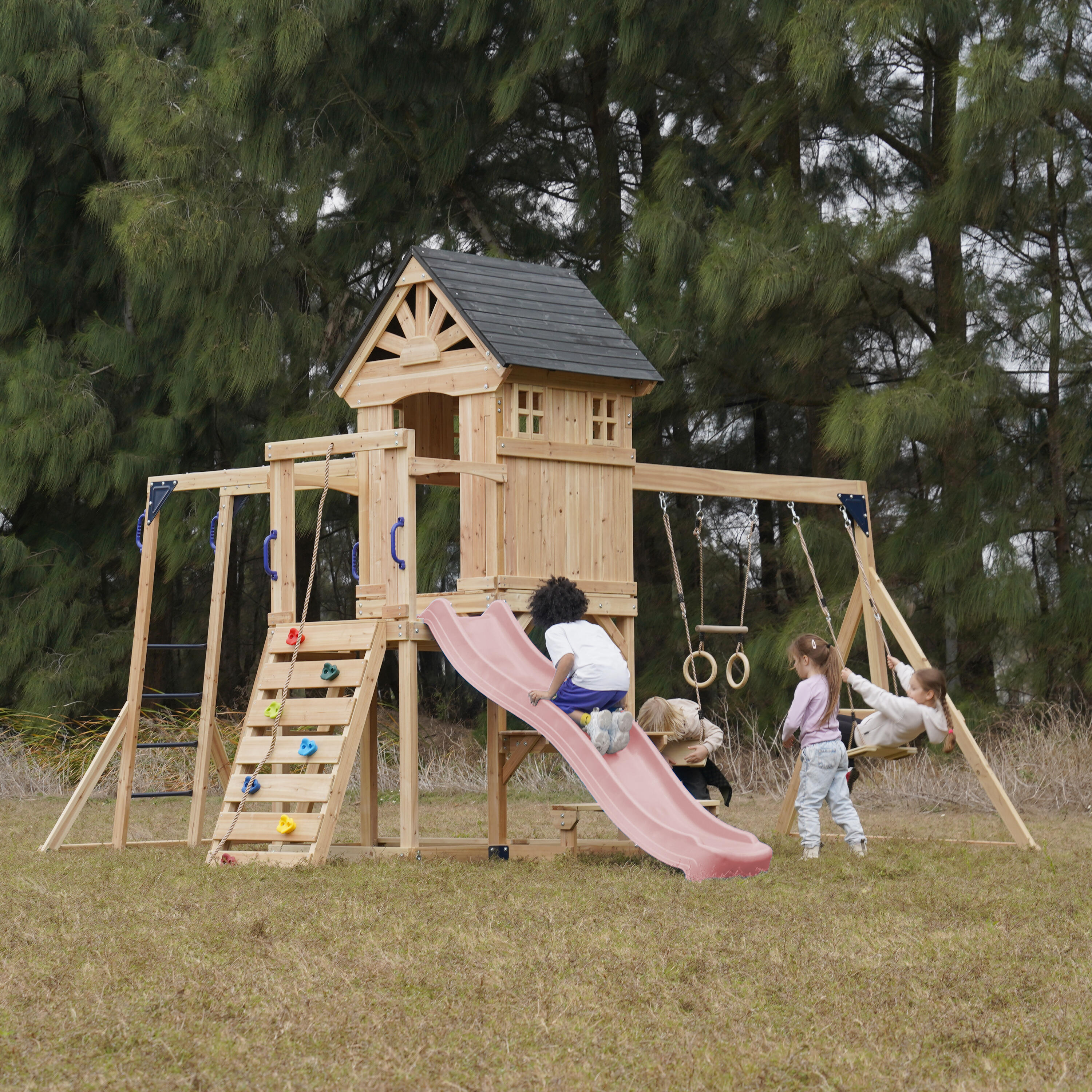 Aire de jeux, AXI Duncan, 2 Balançoires, 1 Toboggan, Bois, Rose Pastel 3/7
