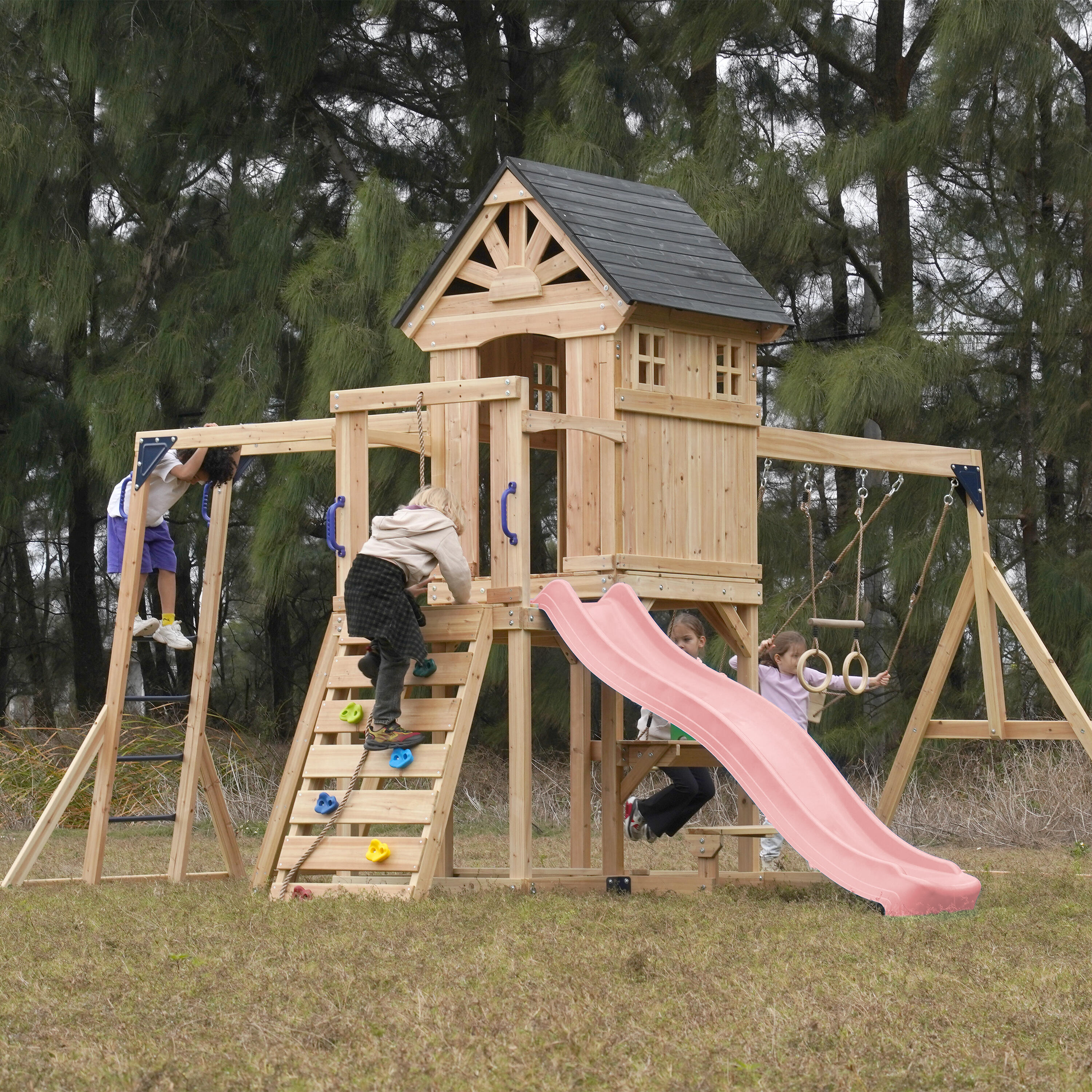 Aire de jeux, AXI Duncan, 2 Balançoires, 1 Toboggan, Bois, Rose Pastel 5/7