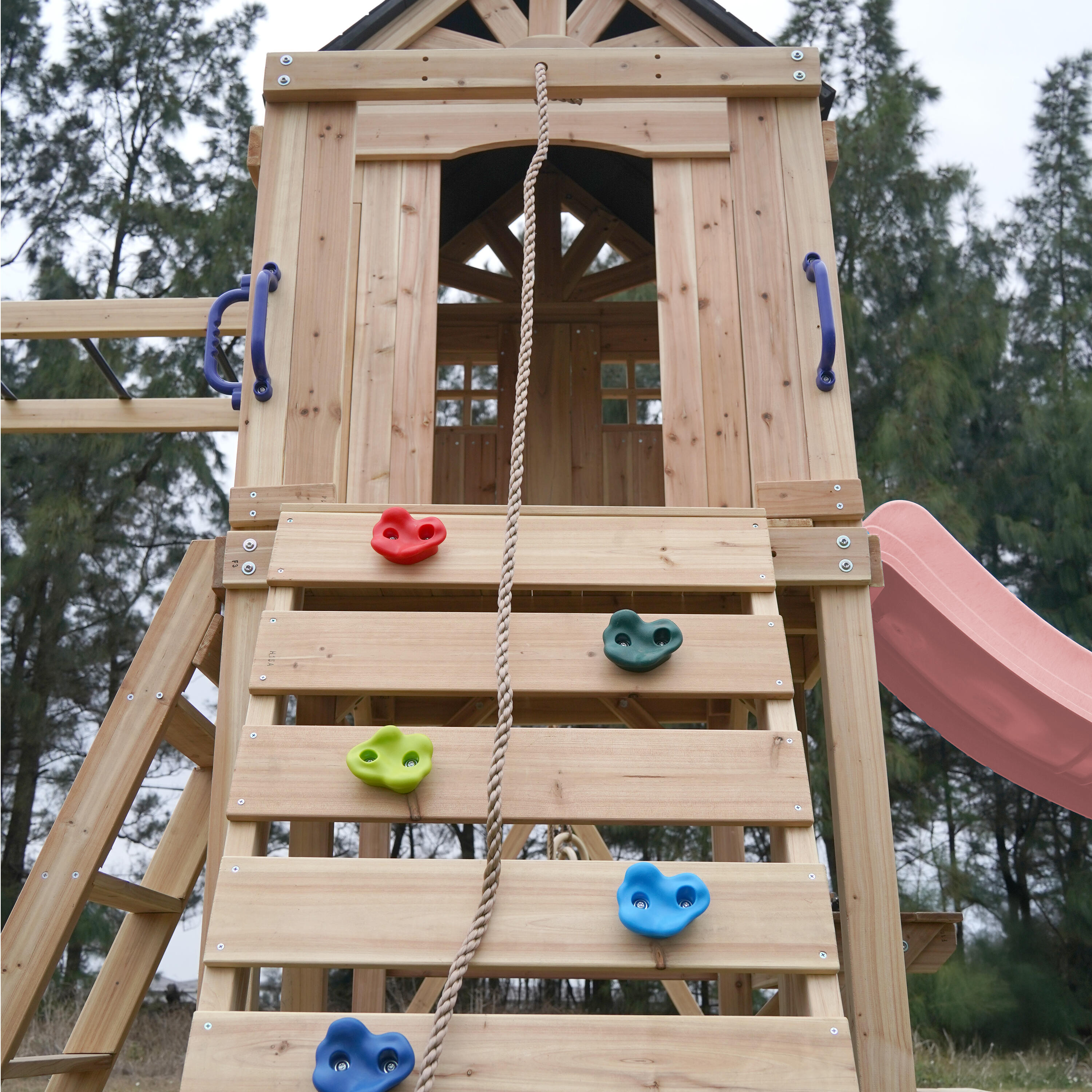 Aire de jeux, AXI Duncan, 2 Balançoires, 1 Toboggan, Bois, Rose Pastel 7/7