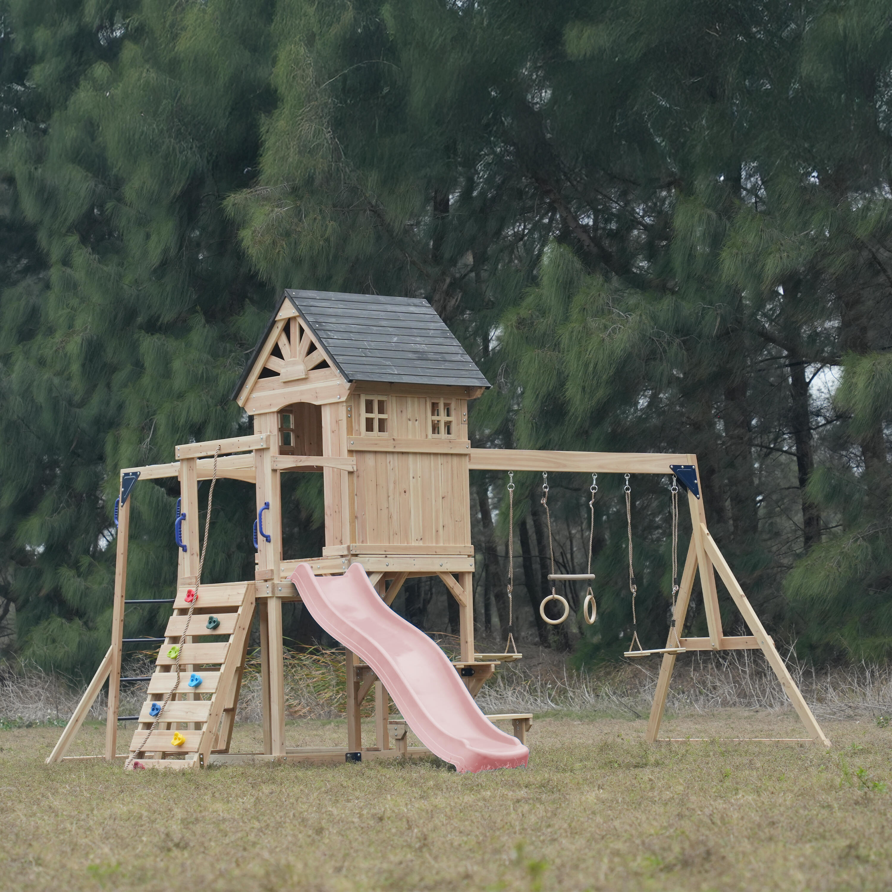Aire de jeux, AXI Duncan, 2 Balançoires, 1 Toboggan, Bois, Rose Pastel 4/7