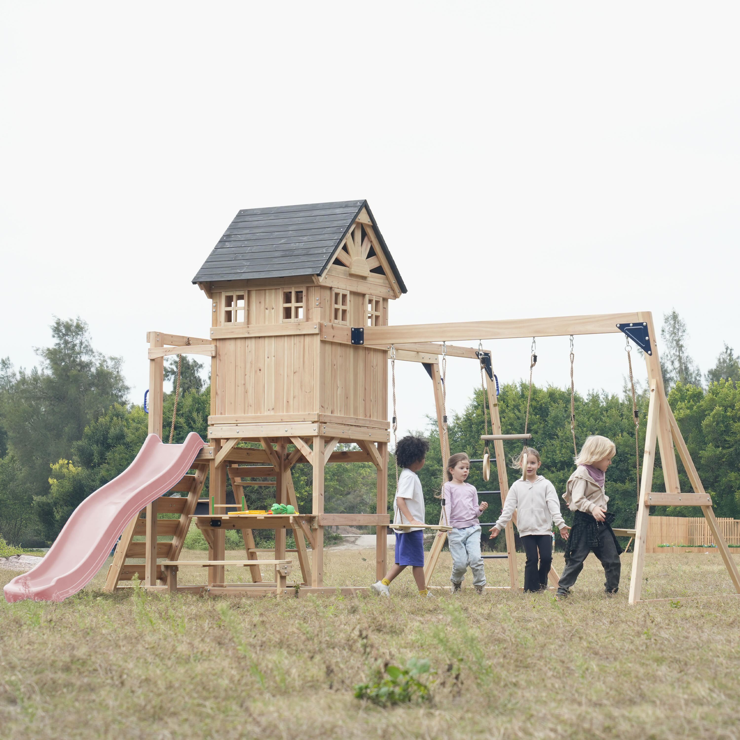 Aire de jeux, AXI Duncan, 2 Balançoires, 1 Toboggan, Bois, Rose Pastel 6/7
