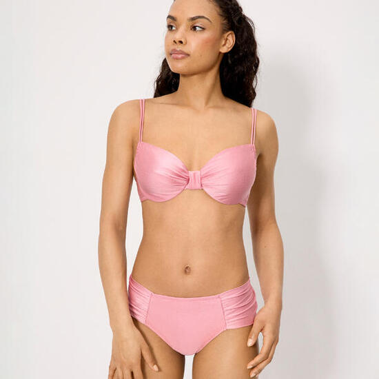 Ensemble bikini gainant rose pailleté, bonnet C, effet poitrine réduite.