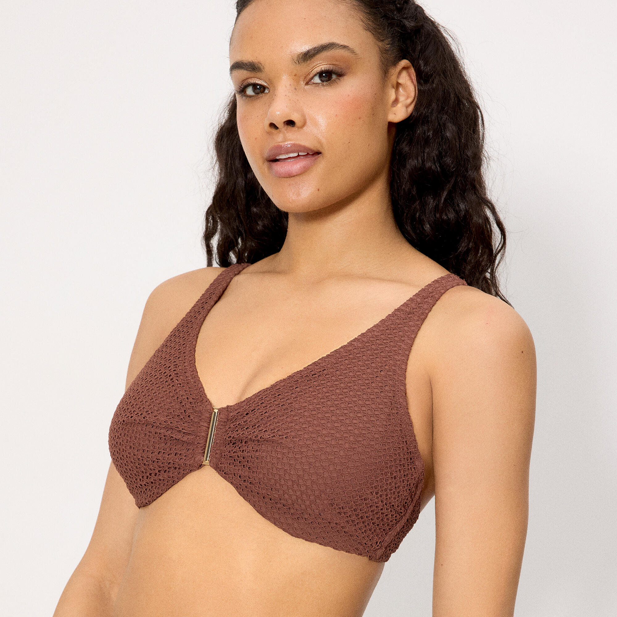 Haut de bikini marron ajouré minimisant, bonnet C 4/6