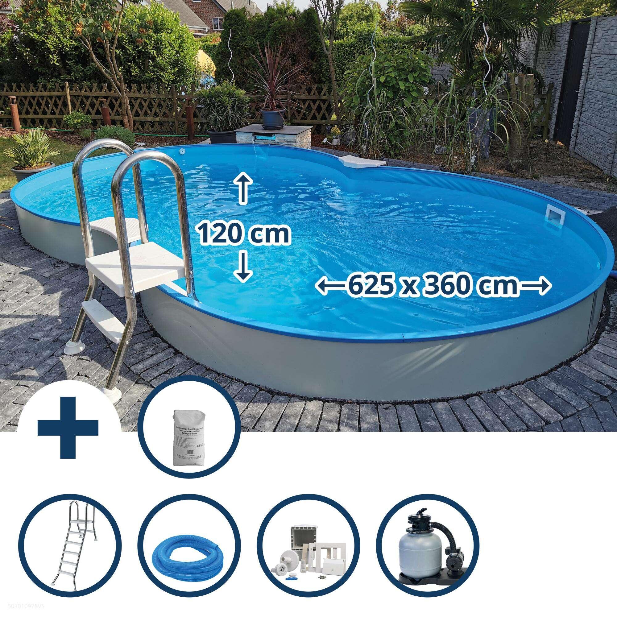 Stahlwandpool achtform 625x360x120cm, Stahl 0,6mm weiß, Folie 0,6mm
blau 1/7