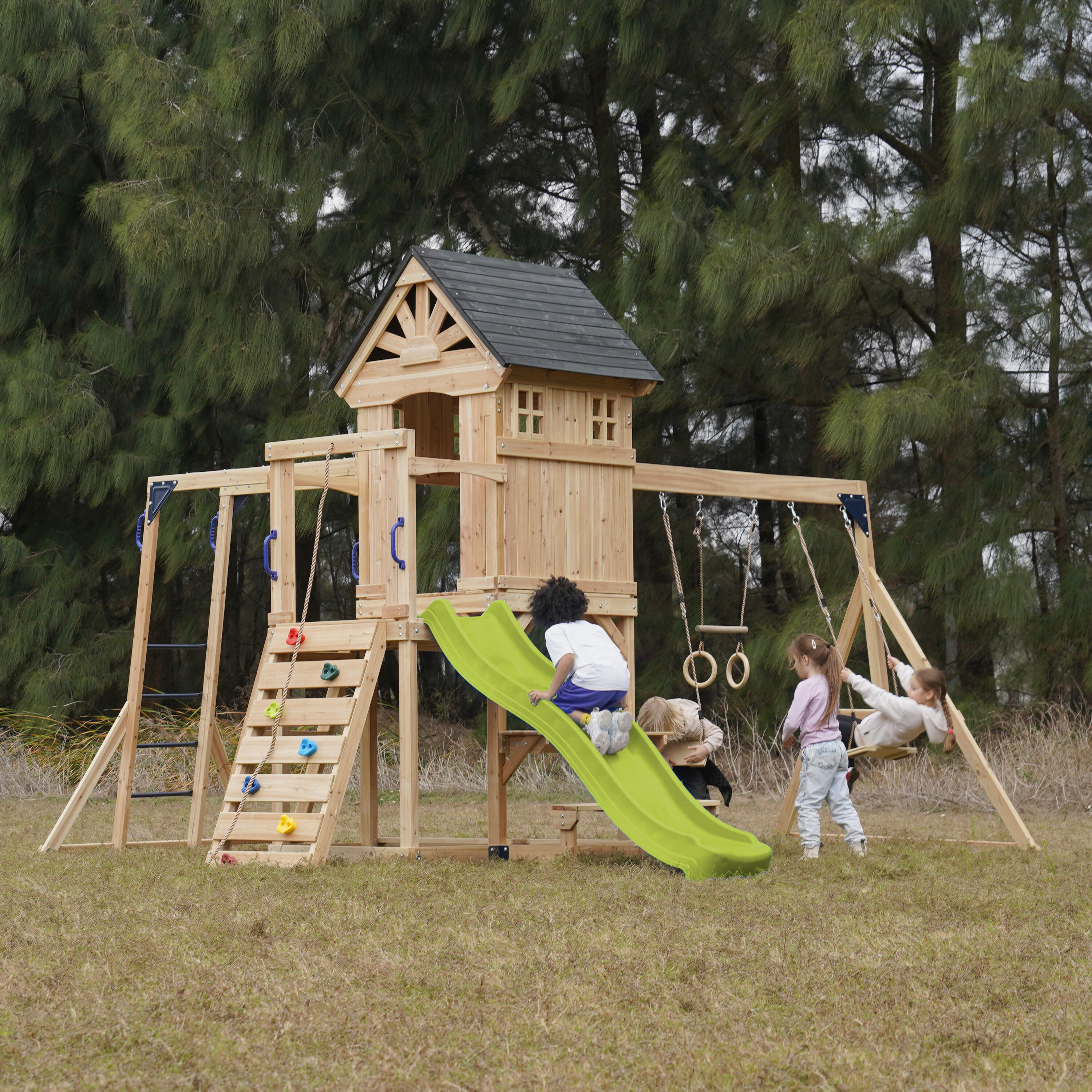 Aire de jeux, AXI Duncan, 2 Balançoires, 1 Toboggan, Bois, Vert Citron 3/7