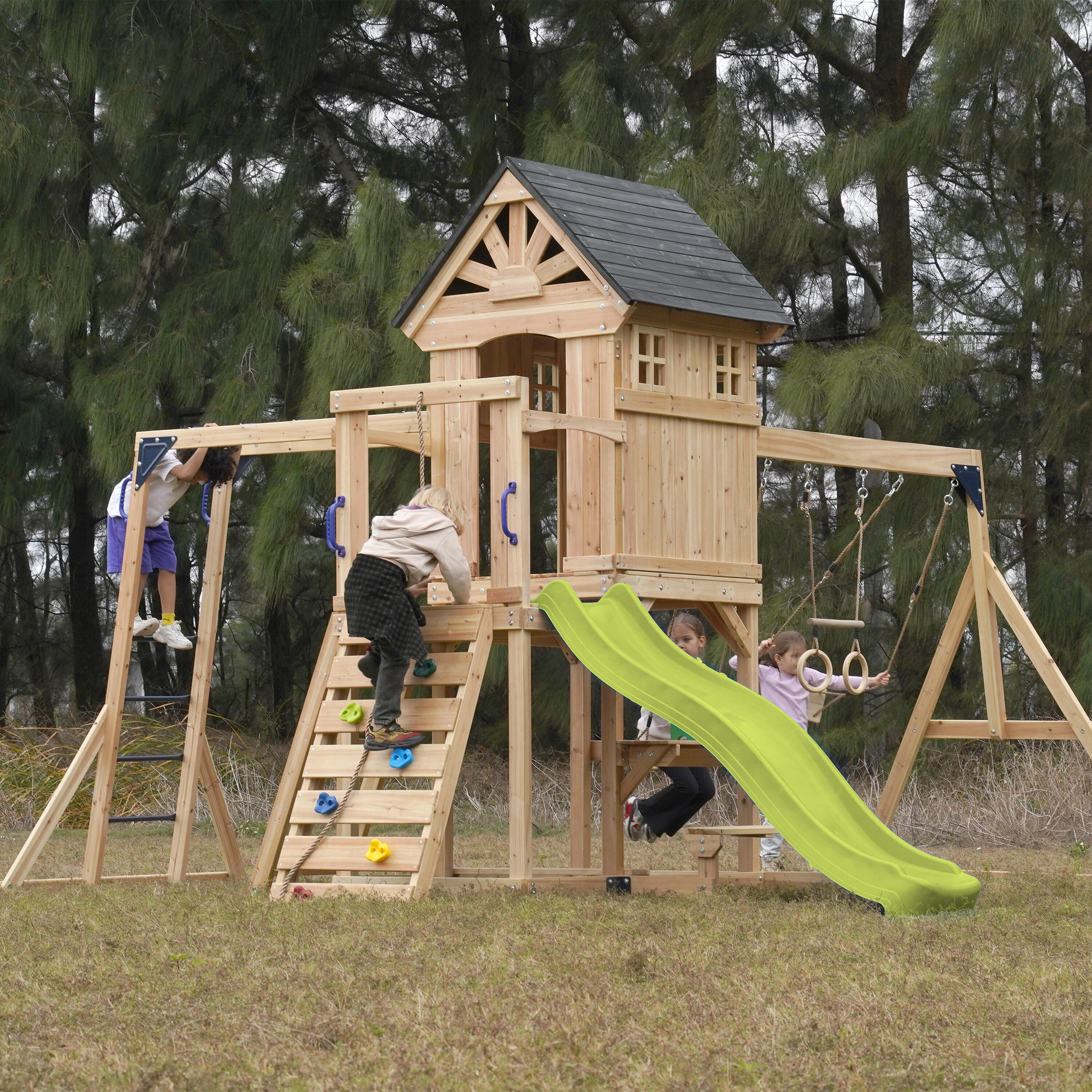 Aire de jeux, AXI Duncan, 2 Balançoires, 1 Toboggan, Bois, Vert Citron 5/7