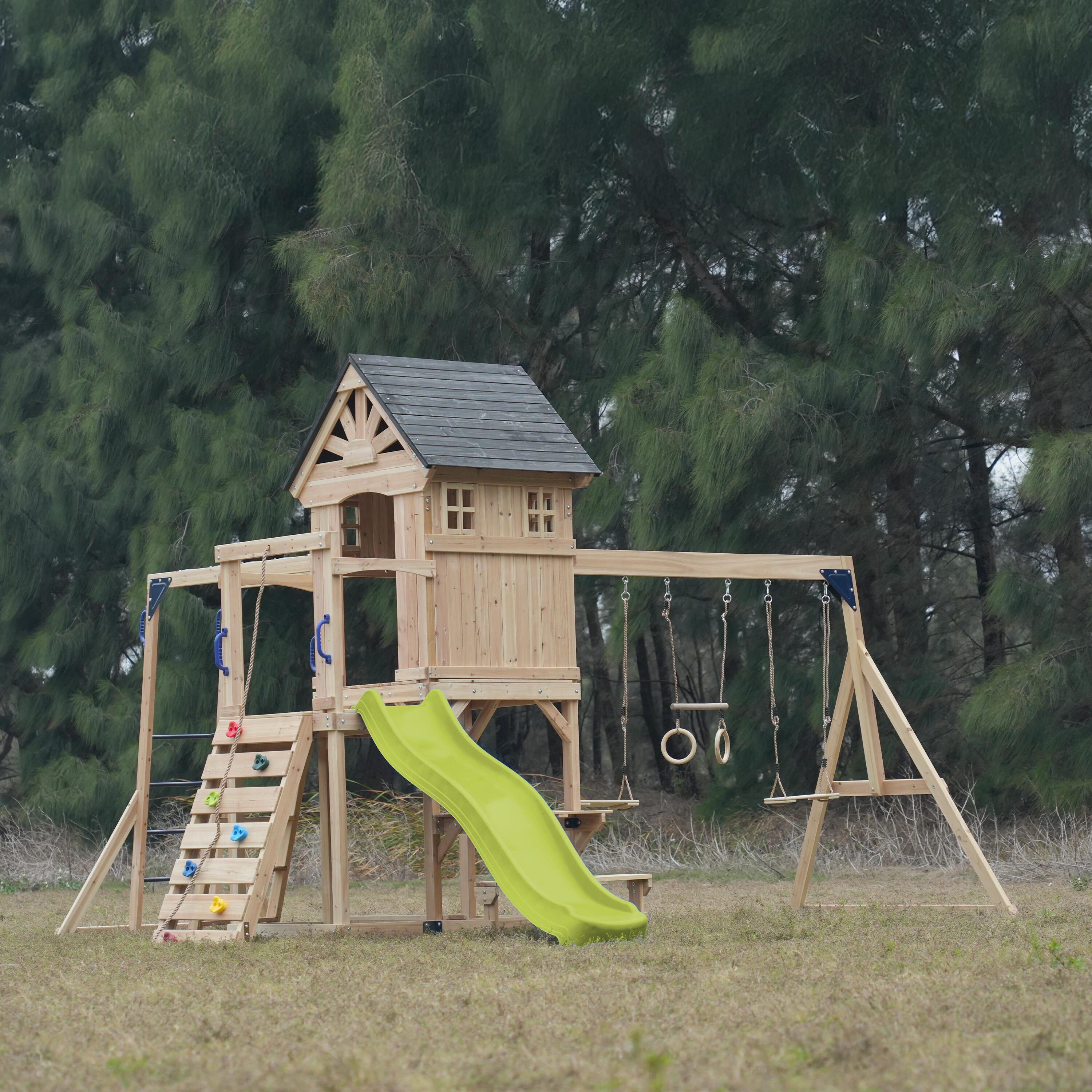 Aire de jeux, AXI Duncan, 2 Balançoires, 1 Toboggan, Bois, Vert Citron 4/7
