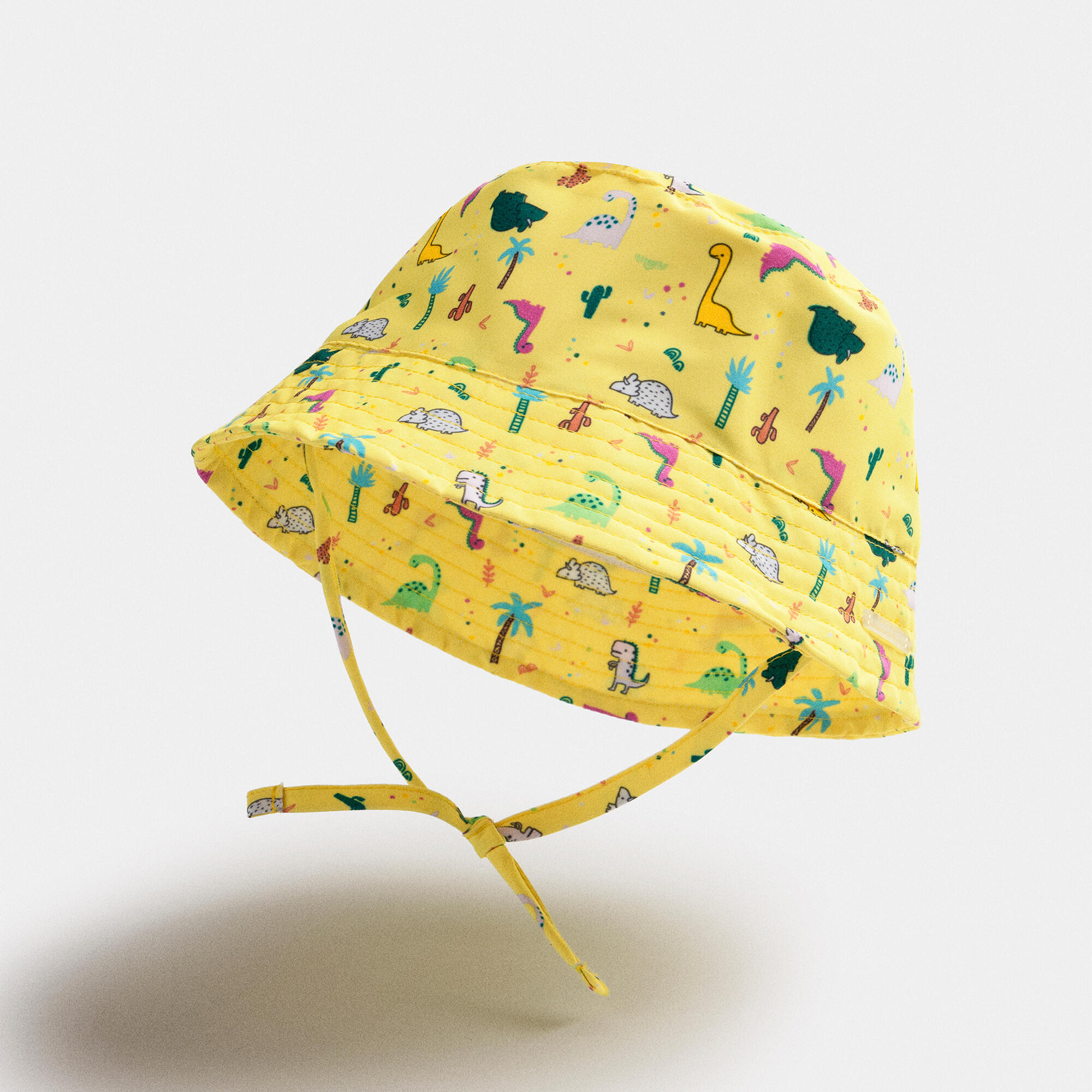 Gorro de playa bebé ala recta estampado dinosaurios amarillo 3/3