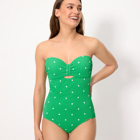 Maillot de bain bandeau gainant à armatures, en piqué vert à pois, bonnet B