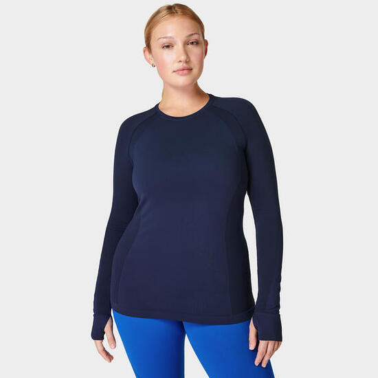 SWEATY BETTY Athlete Seamless Workout Long Sleeve Top T-shirt DONKERBLAUW XS