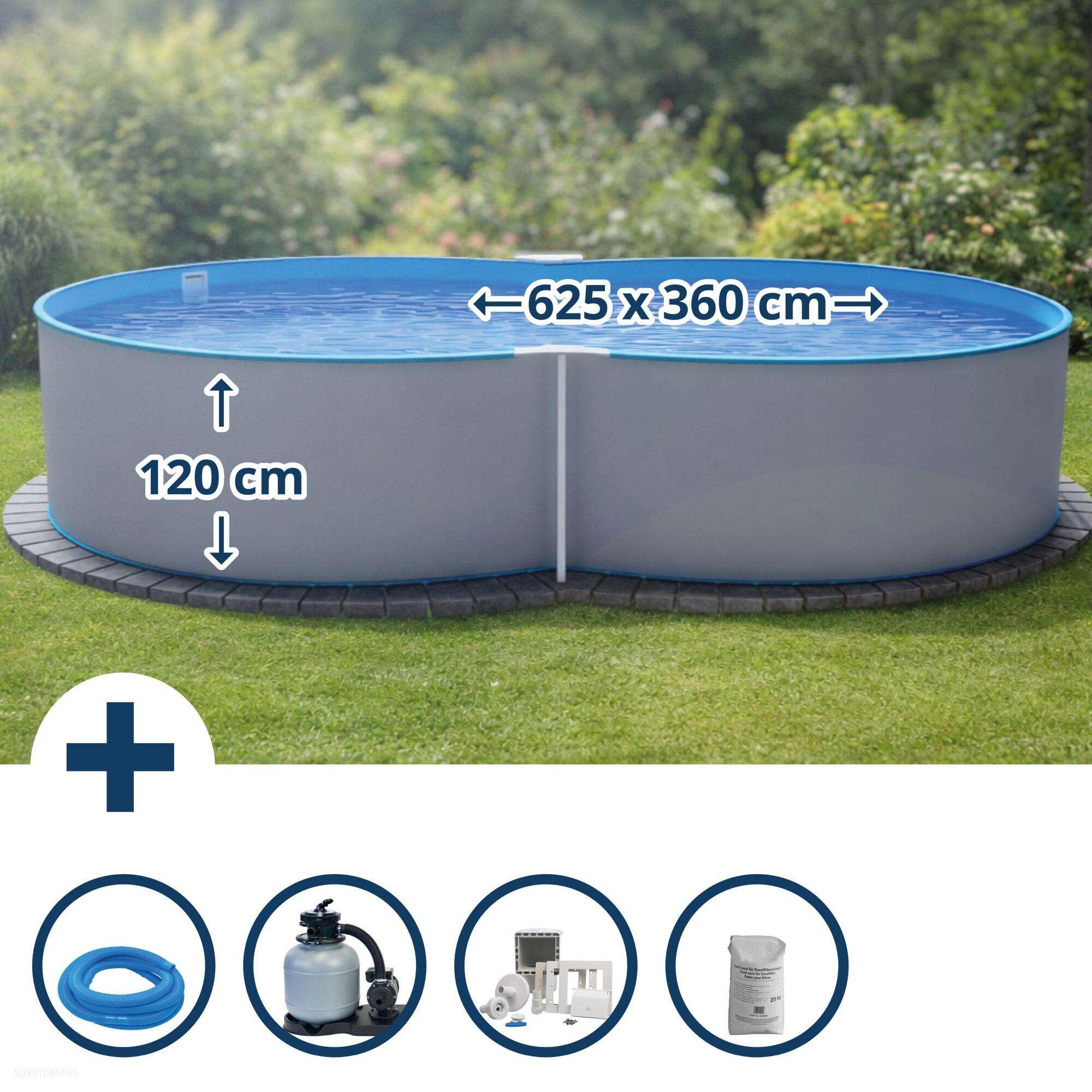 Stahlwandpool achtform 625x360x120cm, Stahl 0,6mm weiß, Folie 0,6mm
blau 1/7