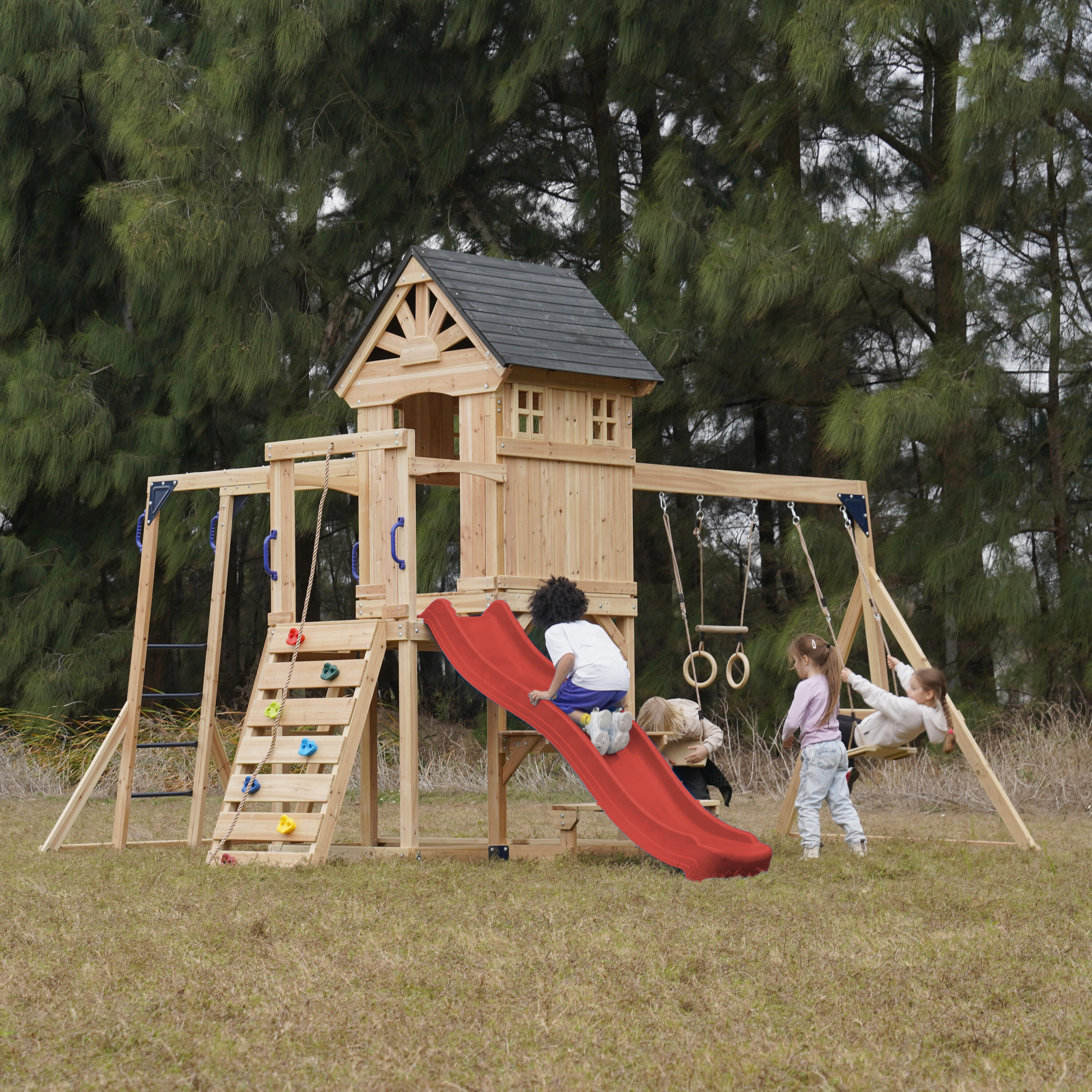 Aire de jeux, AXI Duncan, 2 Balançoires, 1 Toboggan, Bois, Rouge 3/7