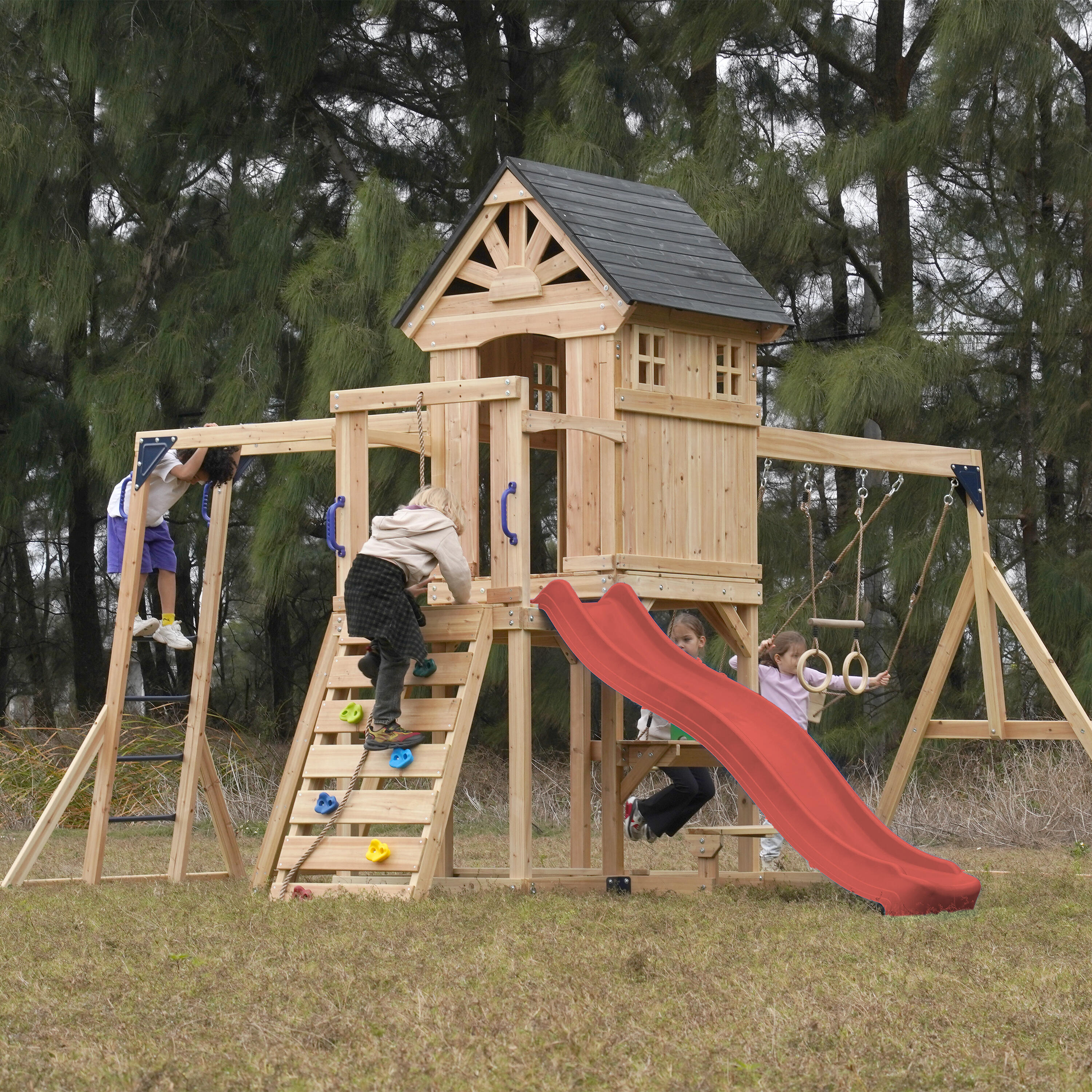 Aire de jeux, AXI Duncan, 2 Balançoires, 1 Toboggan, Bois, Rouge 5/7